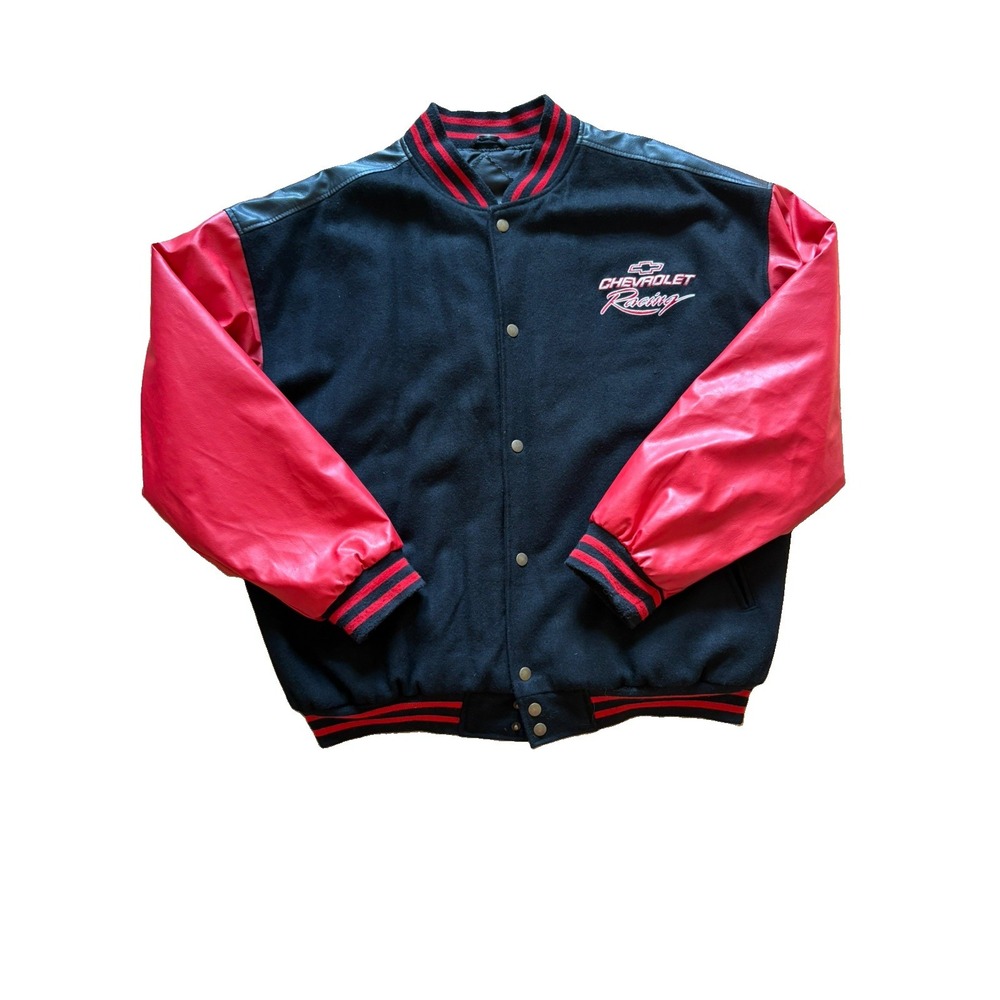 VINTAGE Chevrolet Racing Jacket Mens XL Black Varsity Bomber Snap Cars 90s